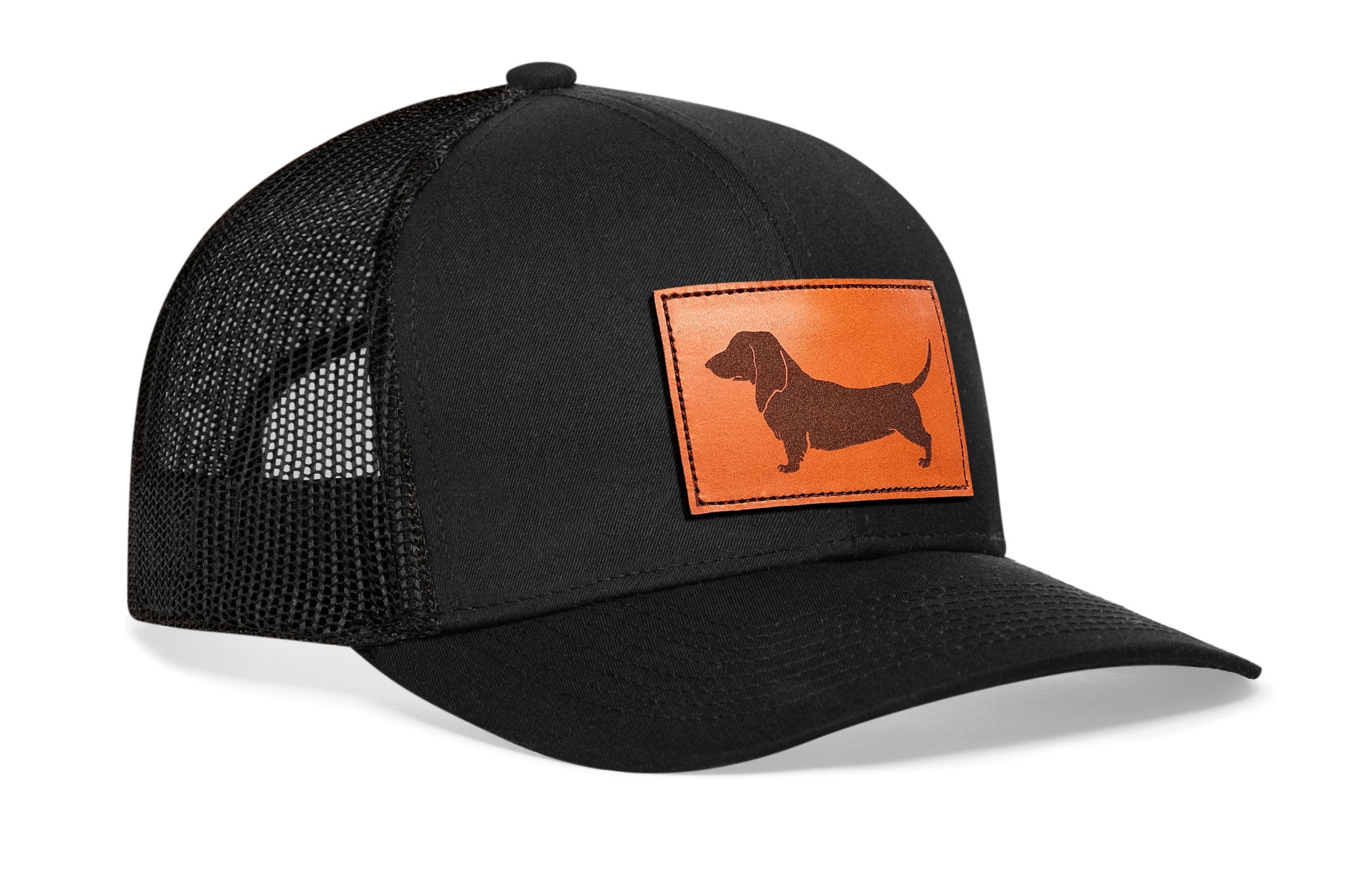 Dachshund Trucker Hat Leather  |  Black Dog Snapback